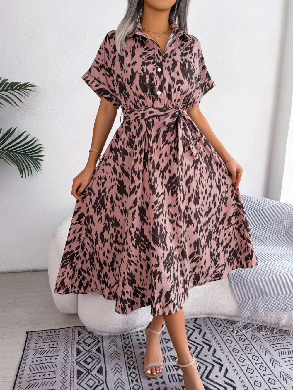Women's Casual Loose Leopard Print Tie Waist Shirt Dress