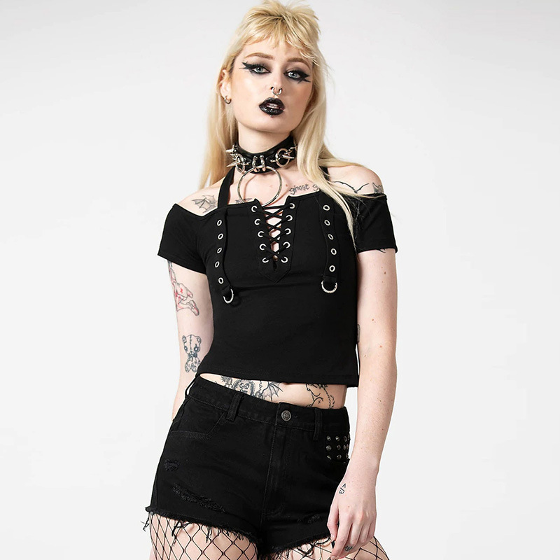 Europe And The United States Dark Wind Eyelet Strap Halter Top