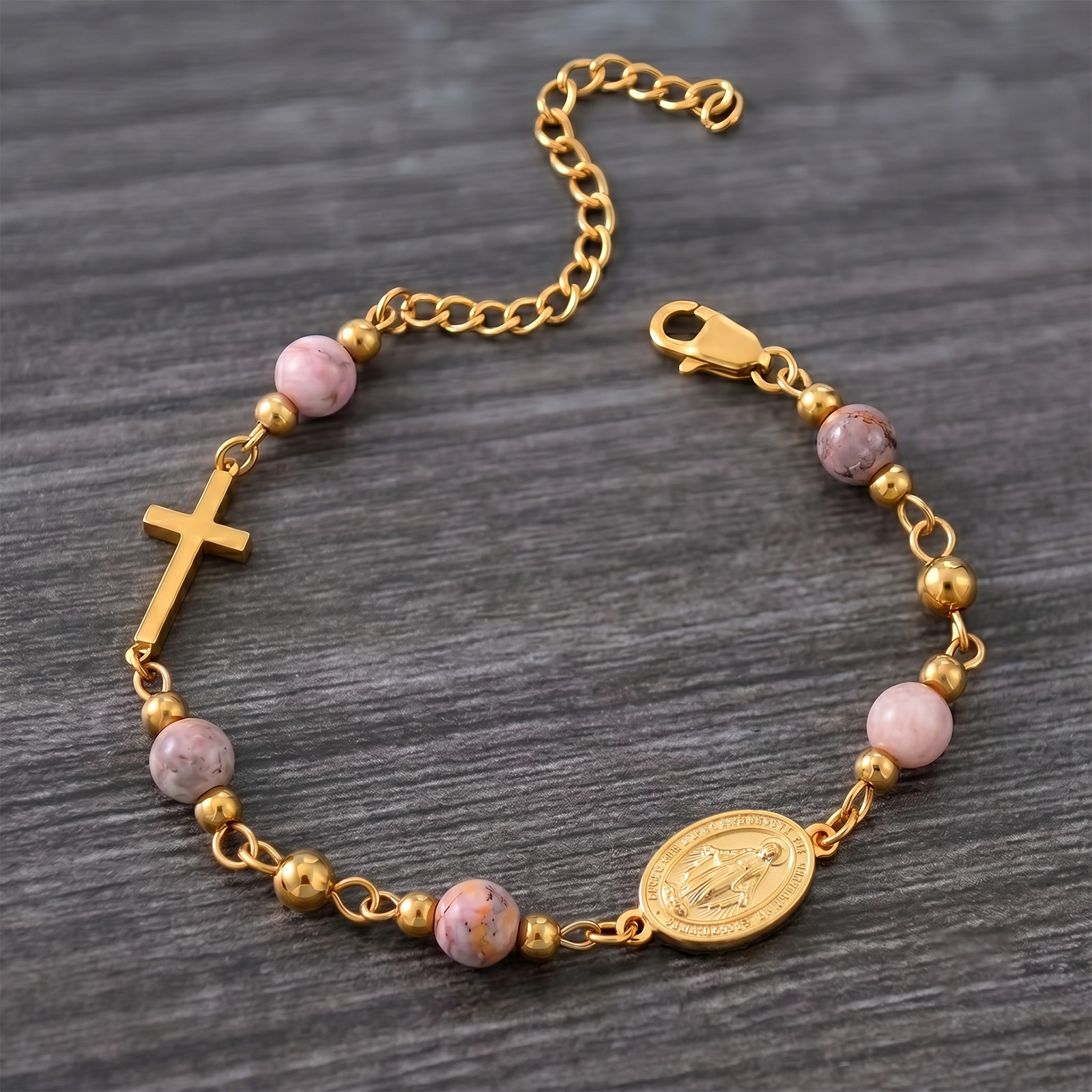 18K Gold Plated Stainless Steel Chain Bracelet For Women Natural Stone Beads Virgin Mary Miracle Medal Cross Bracelets Religious Catholic Jewelry Link Chain Gift