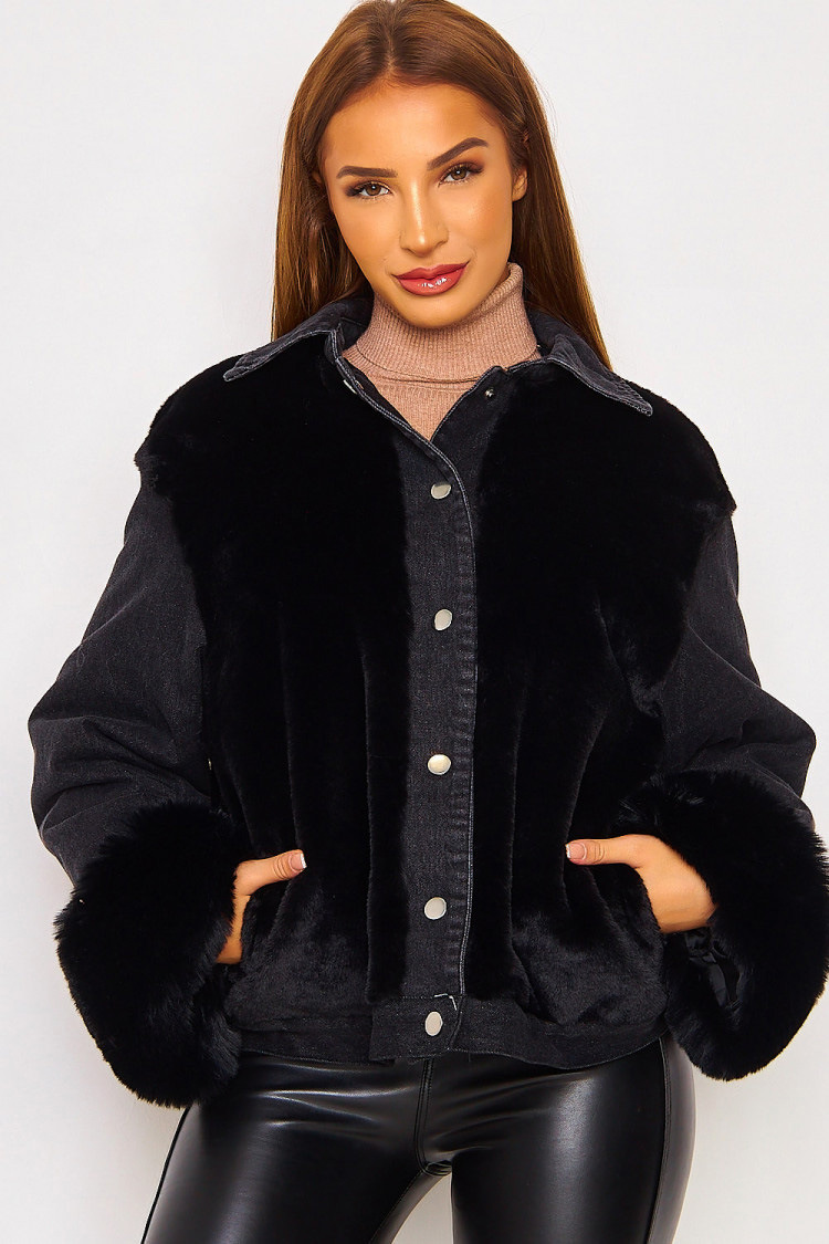 Plush Denim Stitching Warm Jacket Autumn And Winter Black - Shop at LoveMi