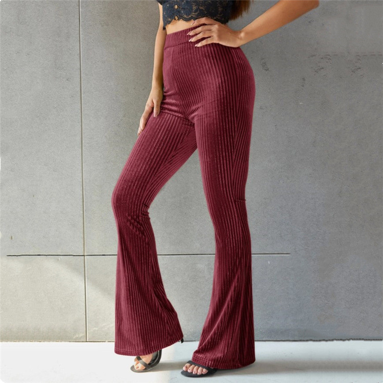 New Women's Fashion Solid Color High Waist Gold Velvet Pit Striped Flare Pants Wine - Shop at LoveMi
