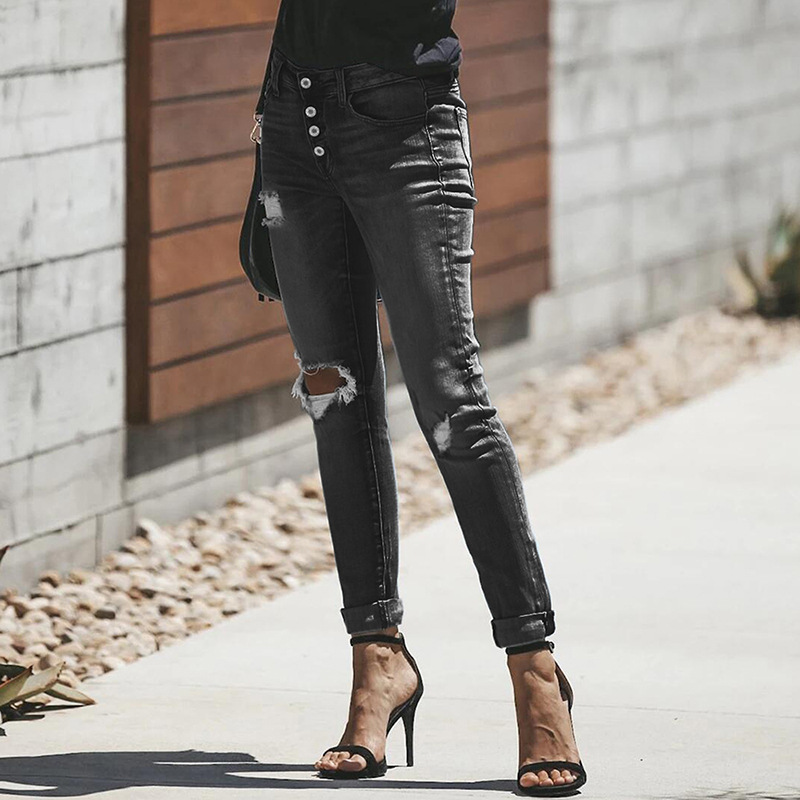 Retro ripped stretch women's jeans Black - Shop at LoveMi