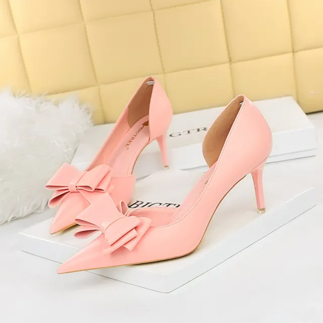 Shallow Mouth Pointed Toe Side Hollow Bow Single Shoes Pink - Shop at LoveMi