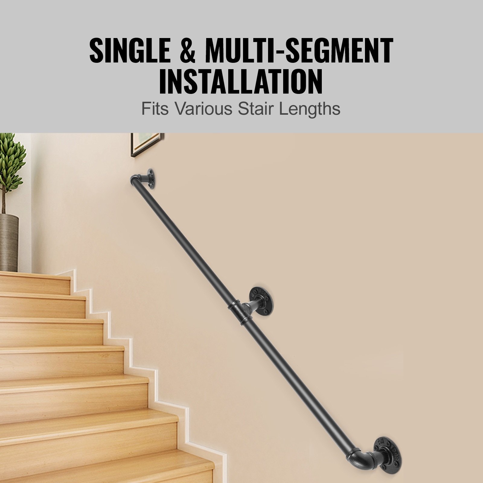 VEVOR Pipe Stair Handrail, 6FT Staircase Handrail, 440LBS Load Capacity Carbon Steel Pipe Handrail, Industrial Pipe Handrail With Wall Mount Support, Round Corner Wall Handrailings For Indoor, Outdoor image 2