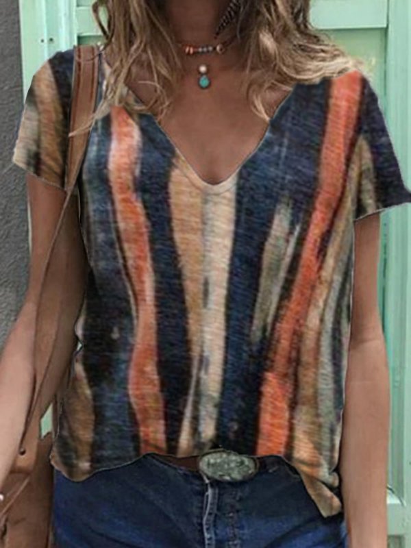 Striped Print Casual Loose V-neck Short Sleeves