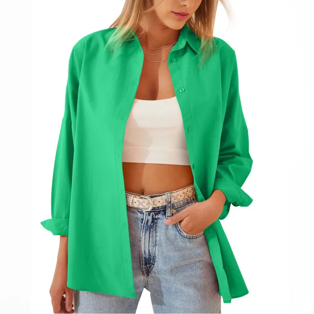 Women's Shirt Jacket Long Sleeve Blouse Button Down Tops Candy Color Shirt Green - Shop at LoveMi