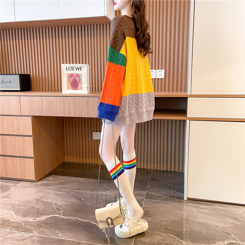 Women's Contrast Color And Age-reducing Thick Twist Pullover Sweater