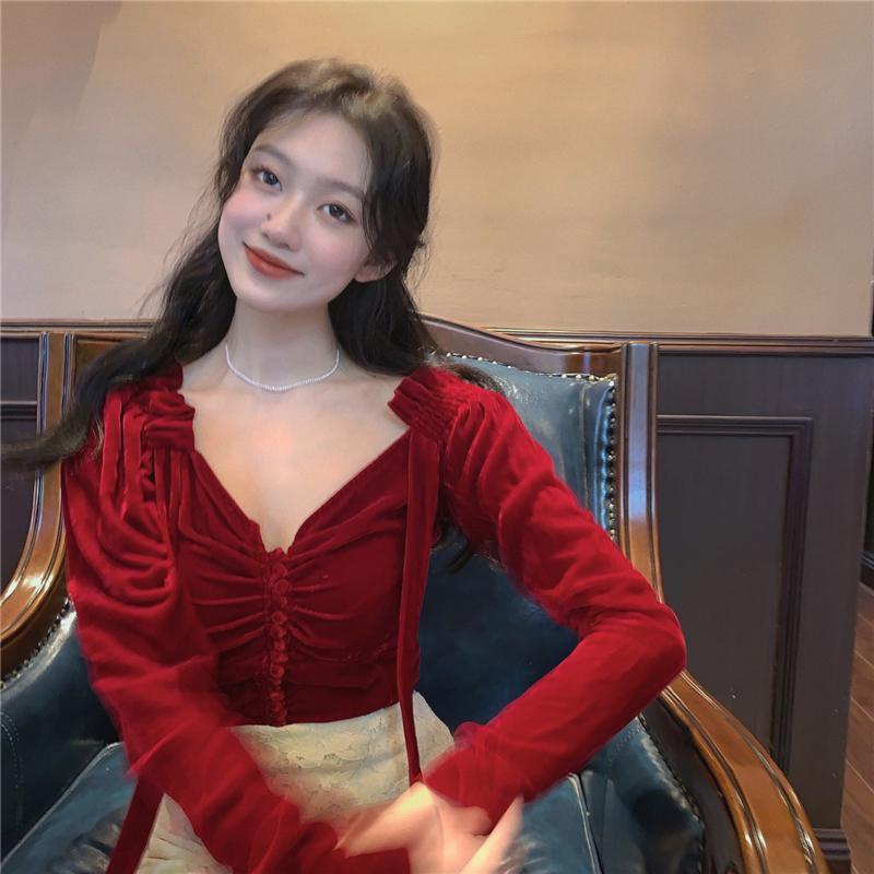 French Palace Style Red Shirt Women Autumn And Winter Style Self-cultivation