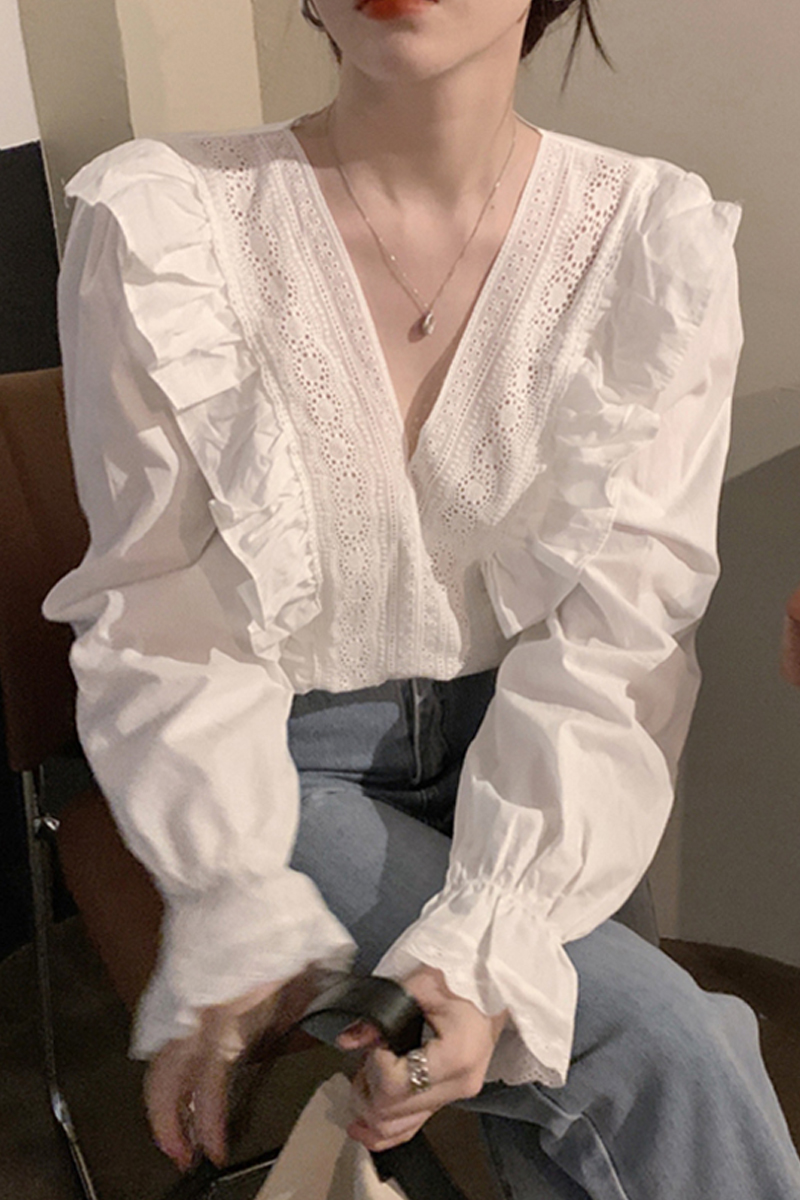 V-neck White Shirt Women All-match Long-sleeved Lotus Leaf