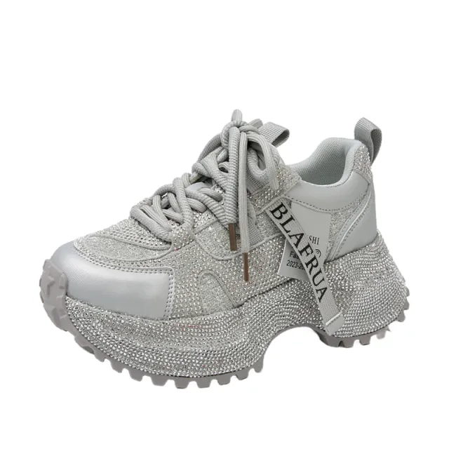 Shiny Sequin Women's High top Sneakers With Thick Soles, Lace up Fashion Shoes Featuring Silver And Red Rhinestone Design Gray - Shop at LoveMi