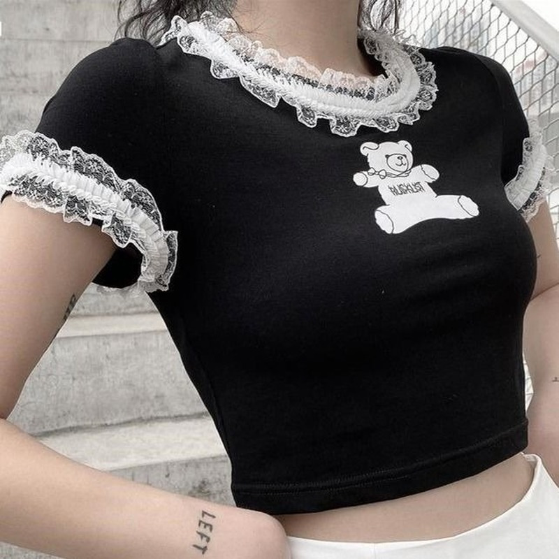 Bear Print Short-sleeved Female Plus Size Hot Girl Lace