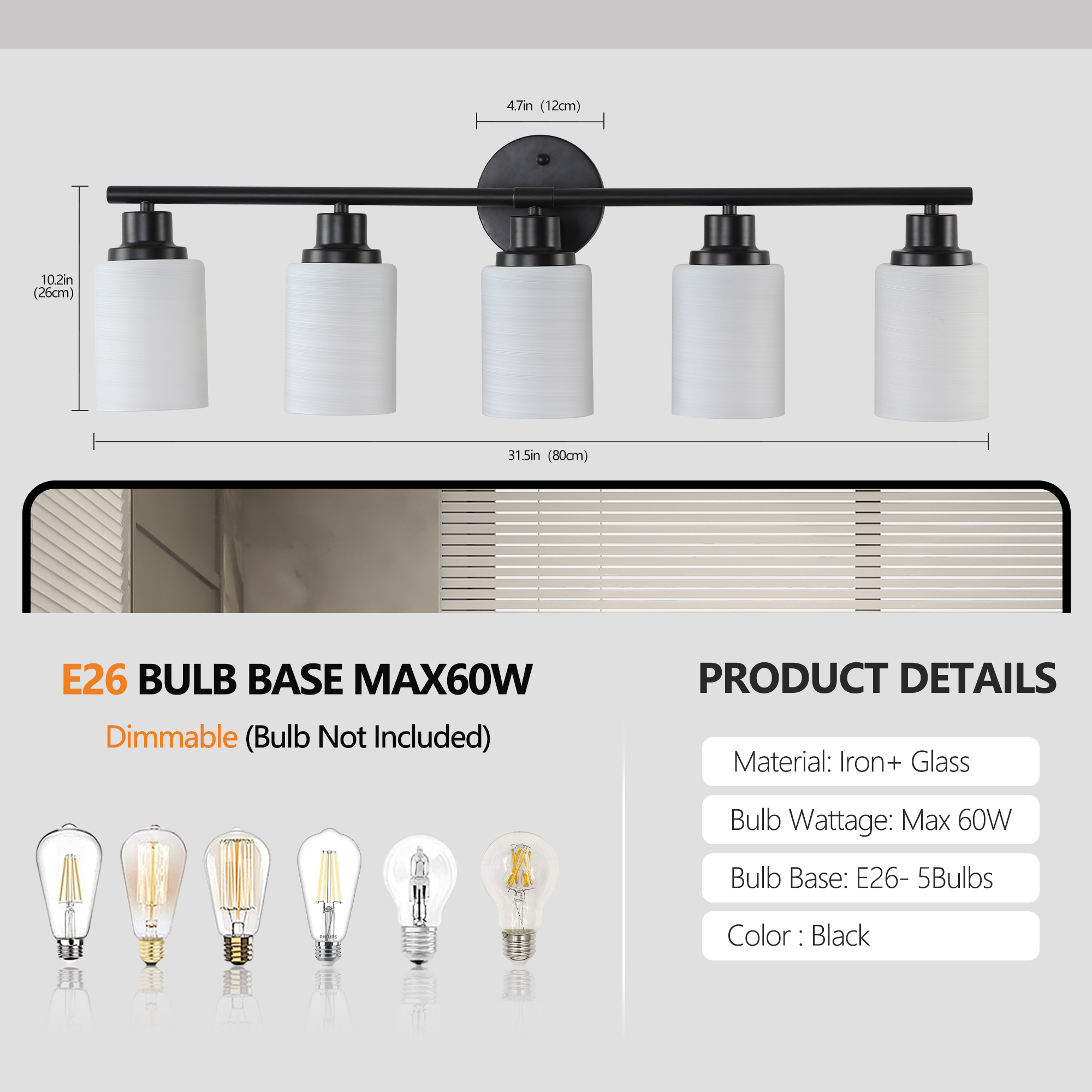 31 Modern 5-Light Vanity Bathroom Mirror Light, Frosted White Glass With Black Iron Frame, Contemporary Wall Sconce For Bedroom, Bathroom, And Dressing Room Bulb Not Included_voghion.com