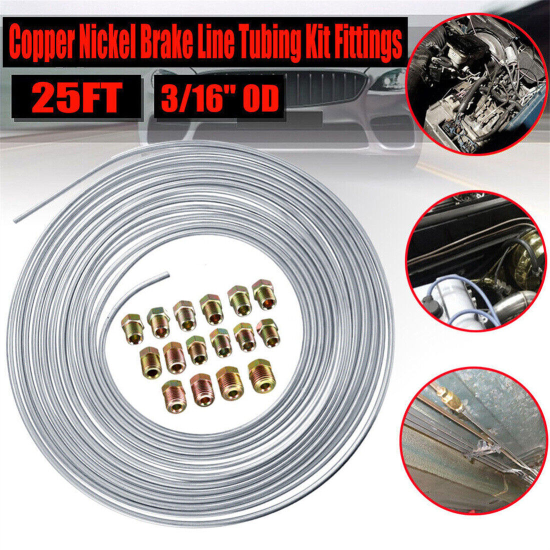 25ft Copper Nickel Brake Pipe Hose Line Tube Roll 3 16in Fittings Tubing Kit UK