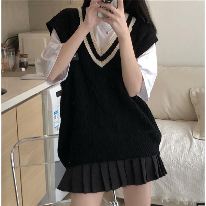 Women's Fashion Colorblock Collar Uniform Knit Vest