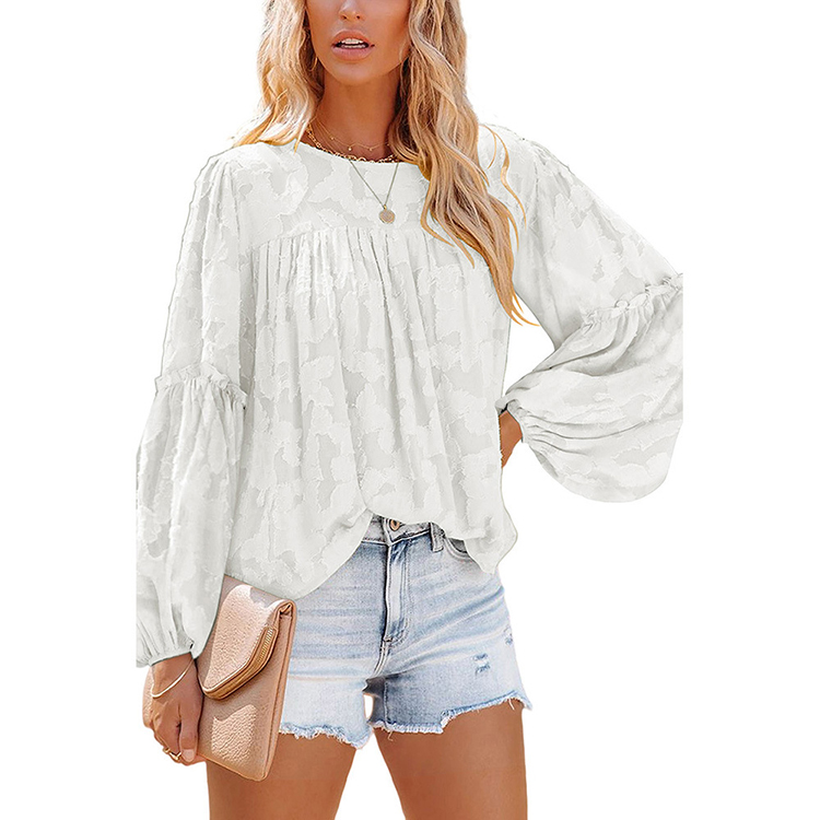 Loose Puff Sleeve Solid Color Round Neck Pullover Long Sleeve Top White - Shop at LoveMi