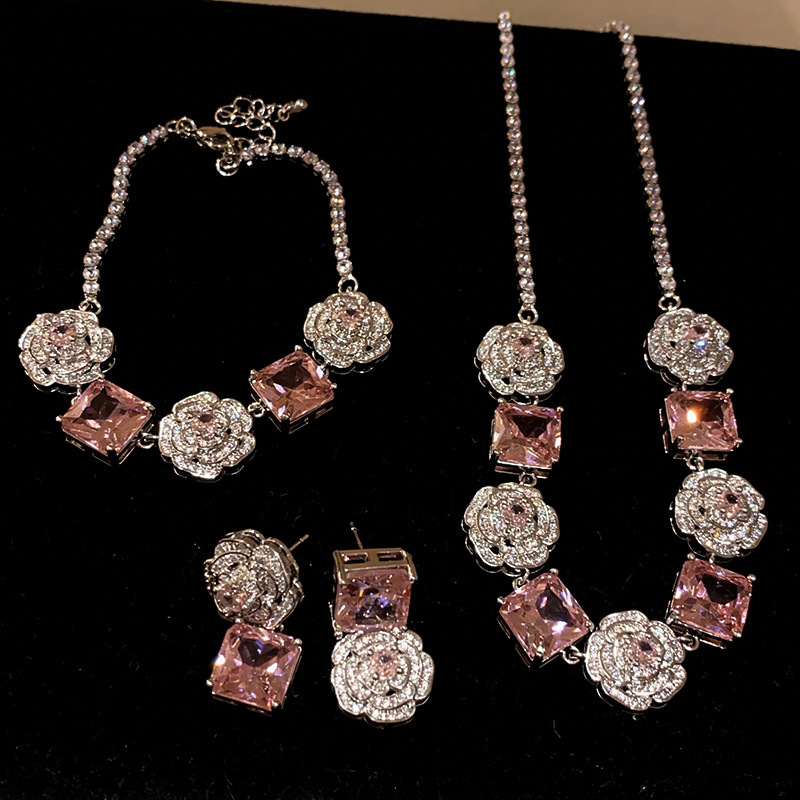 Floral Cluster Princess Rose Zircon Ring Earrings Necklace Set Luxury Elegant Jewelry 3