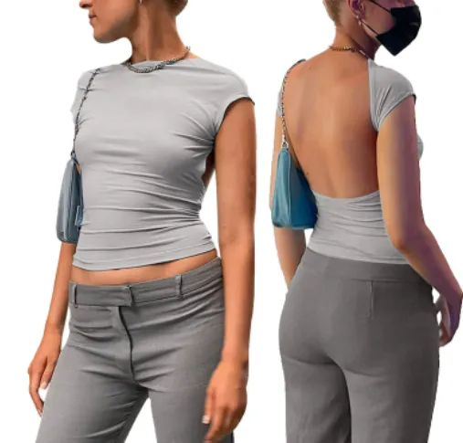 Half Turtleneck Solid Color Backless Top Short Sleeve Grey - Shop at LoveMi