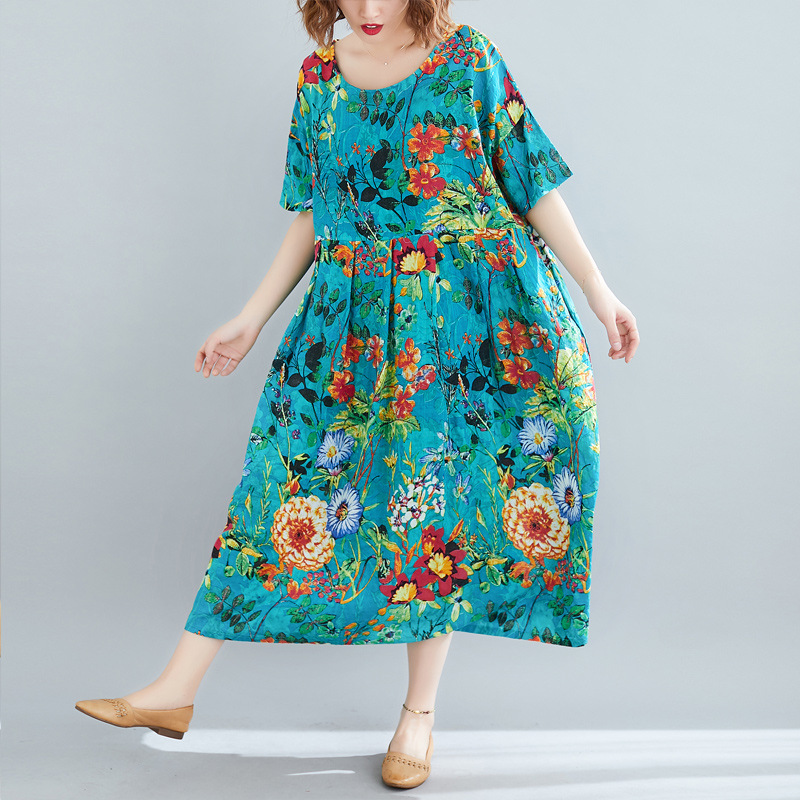 Literary Style Plus Size Loose Slim Dress Blue Flower - Shop at LoveMi