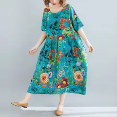 Literary Style Plus Size Loose Slim Dress - Blue Flower - View 1