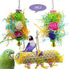 Bird Toy Parrot Gnawing Supplies Utensils Brushed Rattan Ball Grass Wooden Toys - 3Pcs - View 1