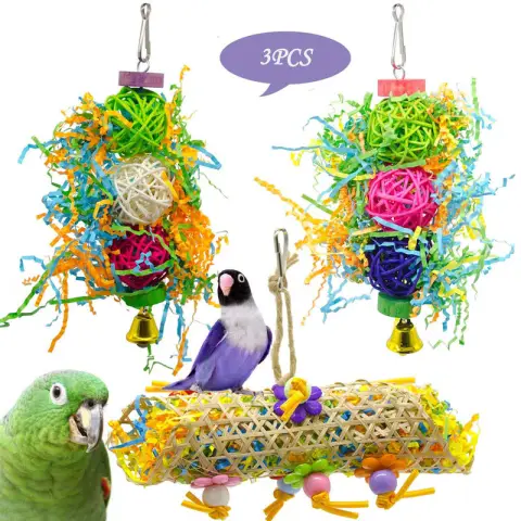 3pcs Bird Toy Parrot Gnawing Supplies Utensils Brushed Rattan