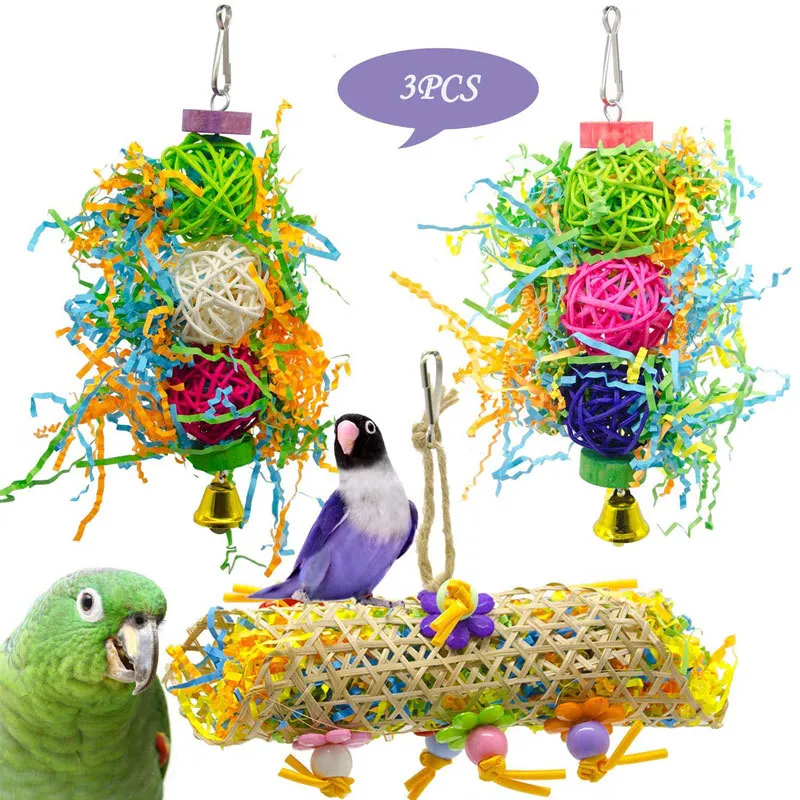 Bird Toy Parrot Gnawing Supplies Utensils Brushed Rattan Ball Grass Wooden Toys - 3Pcs