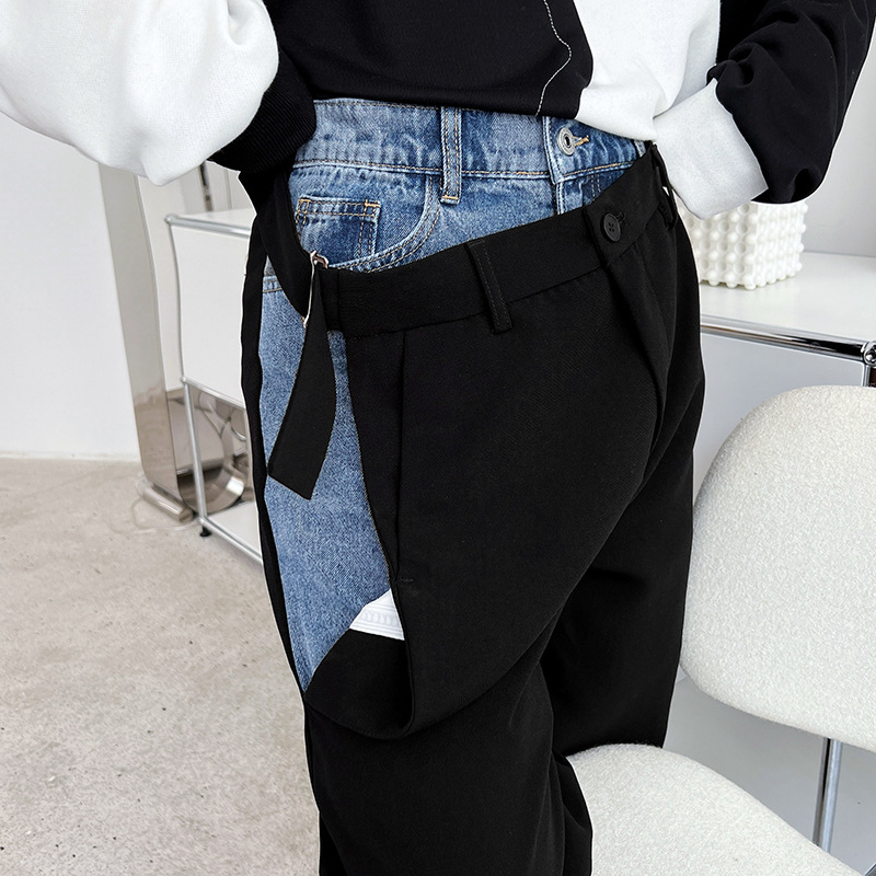 Men's Denim Patchwork Trousers Draping Loose Plankton Style
