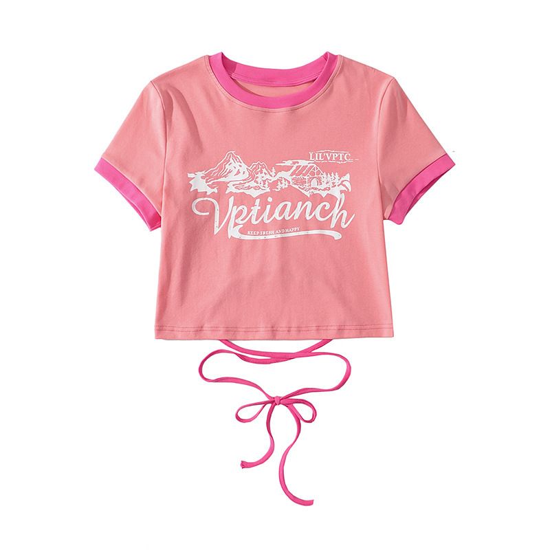 Women Print Front Contrast Trims Crop T-shirt With Lace Up Back Detail