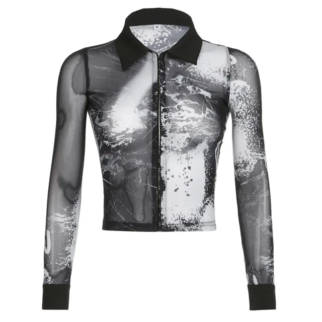 Abstract Printed Mesh Shirt With Lapel Metal Buckle Black - Shop at LoveMi