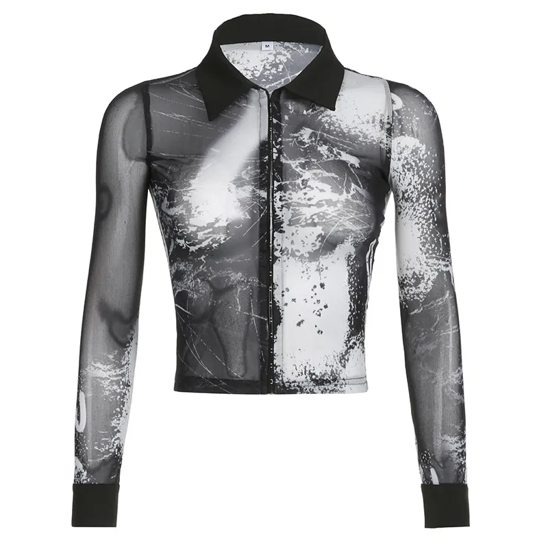 Abstract Printed Mesh Shirt With Lapel Metal Buckle - Black