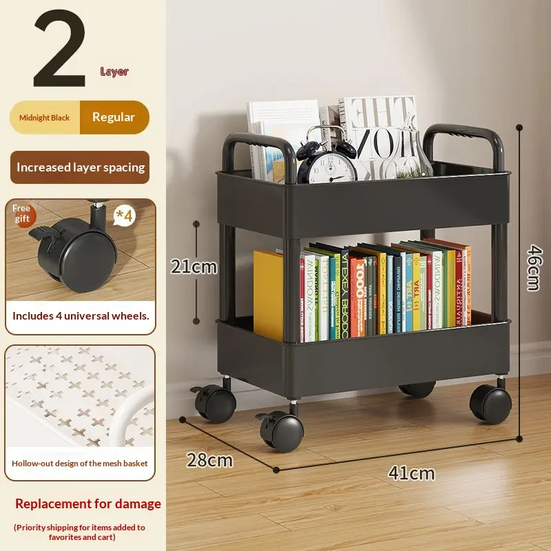 26cm Black-2 Layers-wheels-4 HooksSmall Cart Storage Rack