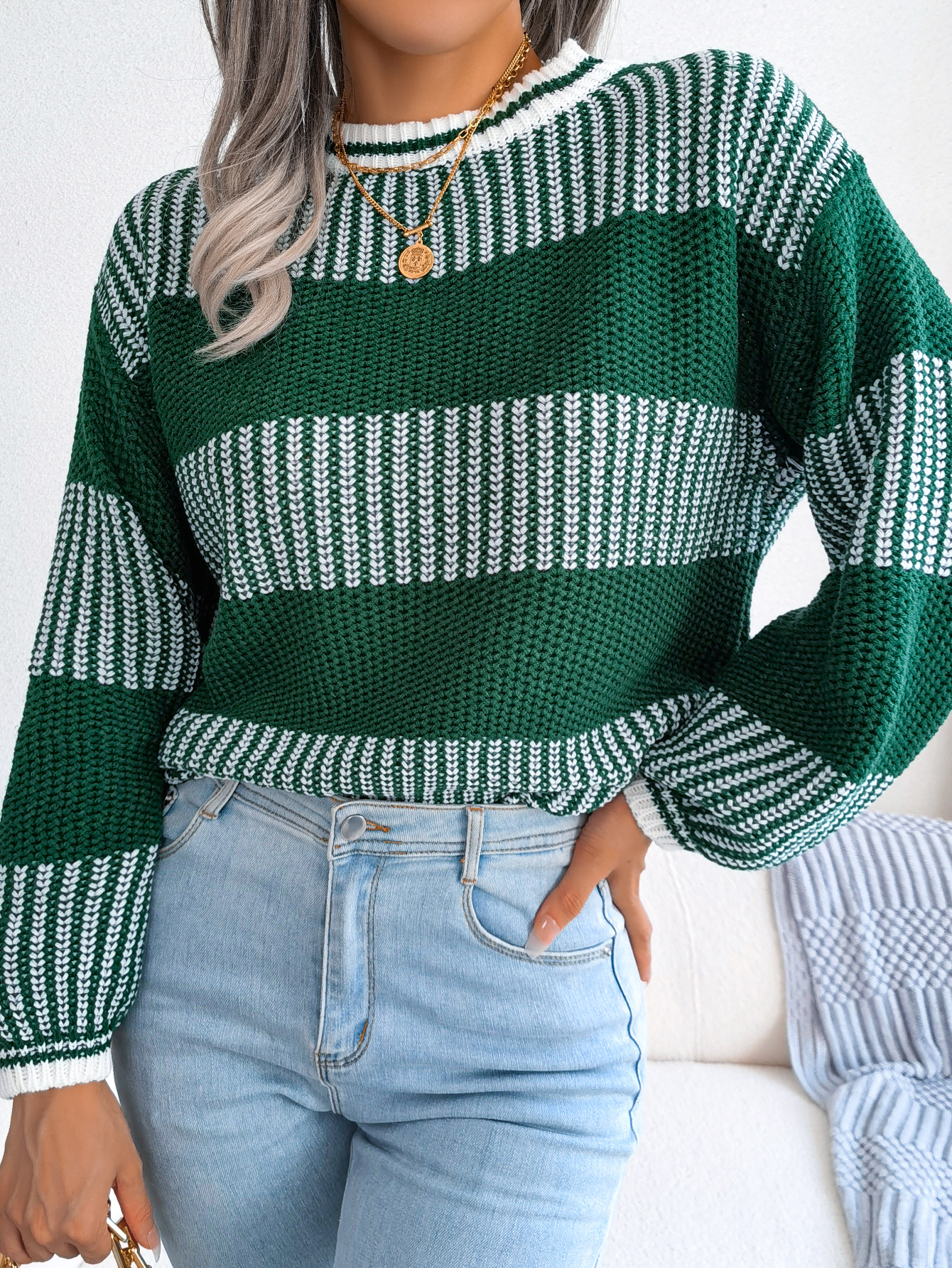 Women Casual Color Block Stripe Long Sleeve Knit Sweater