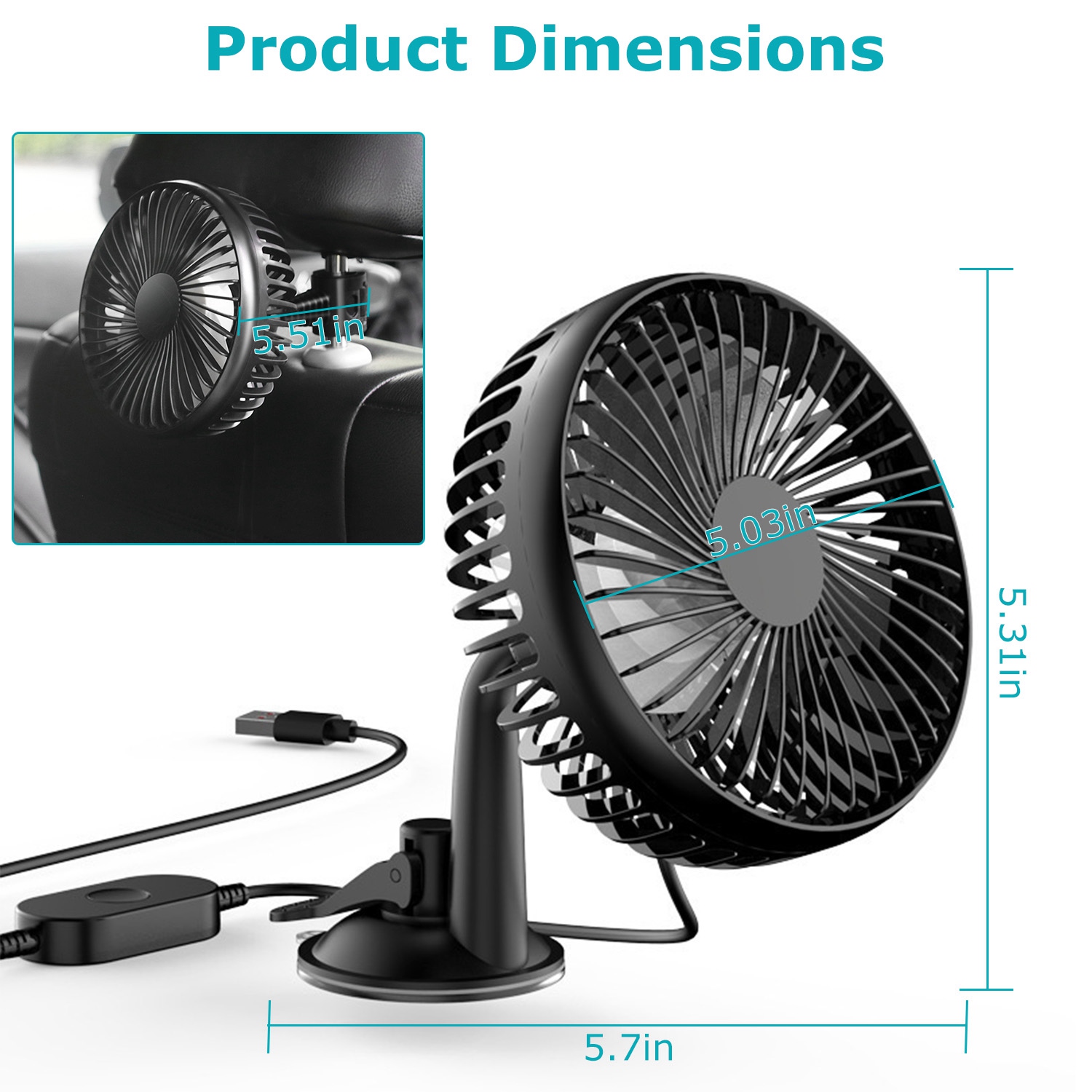 1Pc Car Cooling Fan Portable Rotatable USB Vehicle Fan Backseat Clip Fan Dashboard Window Suction Fan For SUV RV Pickup With 3 Speeds — foto 5