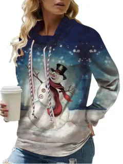 High-necked Double Drawstring Loose-fit Women's Sweater - Snowman-Xl - View 1