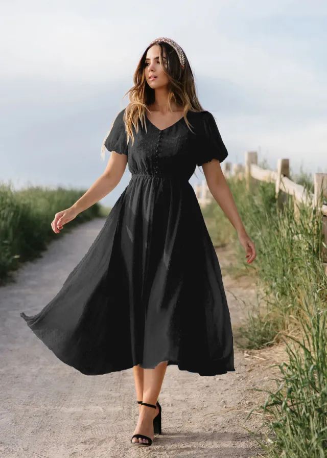 V neck Button Fashion European And American Women's Dress Black - Shop at LoveMi