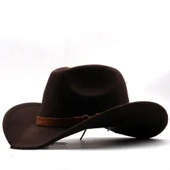Casual Retro Belt Autumn And Winter Men's And Women's Woolen Western Cowboy Hat - Coffee - View 1
