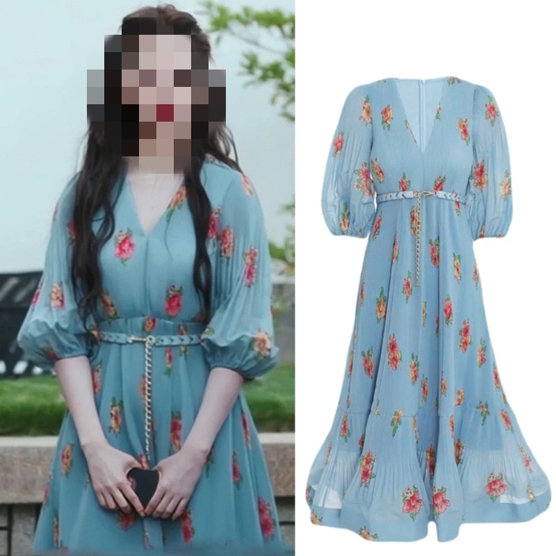 French V-neck Bubble Sleeve Holiday Dress