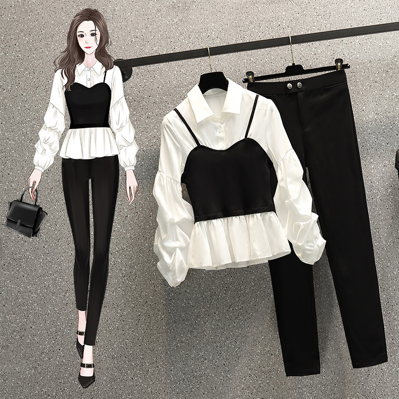 Women's Lantern Sleeve Shirt Pencil Pants Two-piece Set
