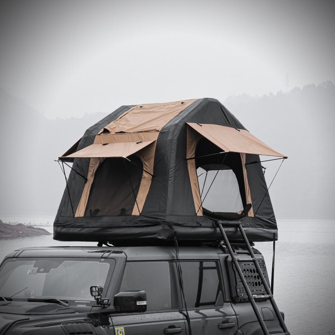 Foldable 2-3 People Amphibious Inflatable Car Roof Top Tent For Camping Outdoor Glamping Camping Tent For SUV,Truck  Without Ladder, Two-tone Style, Khaki & Black