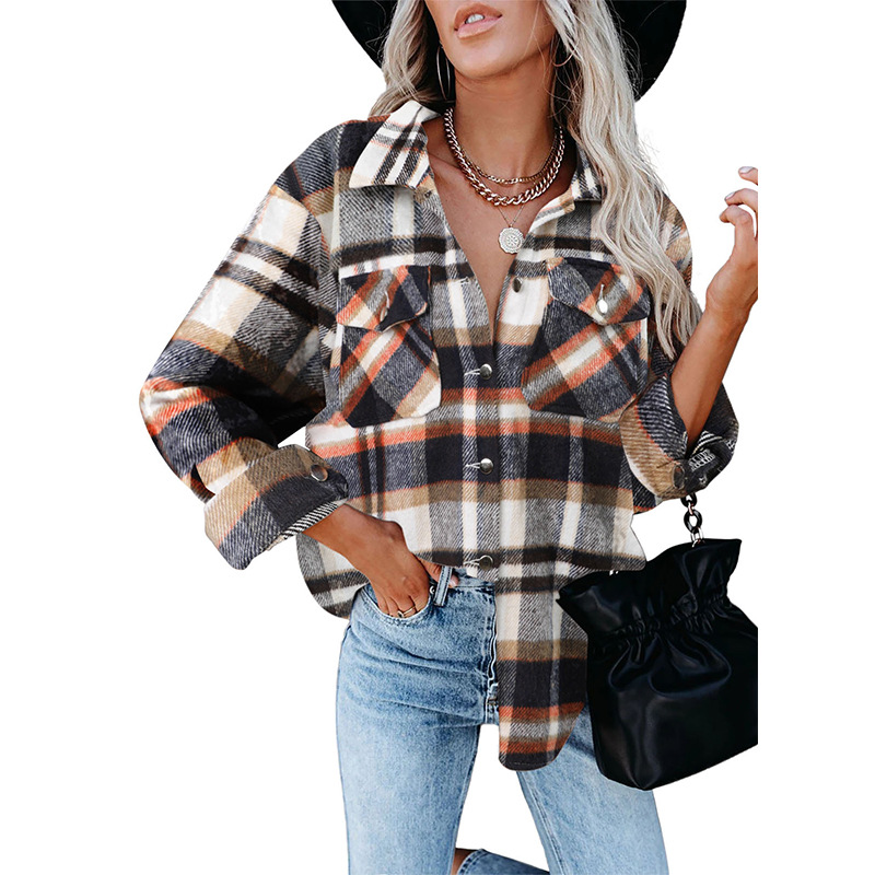 Autumn And Winter Loose Woolen Plaid Shirt Buttoned Jacket