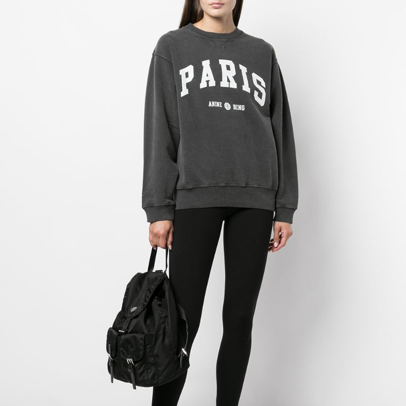 Women's Letter PARIS Black And Gray Round Neck Cotton Sweater