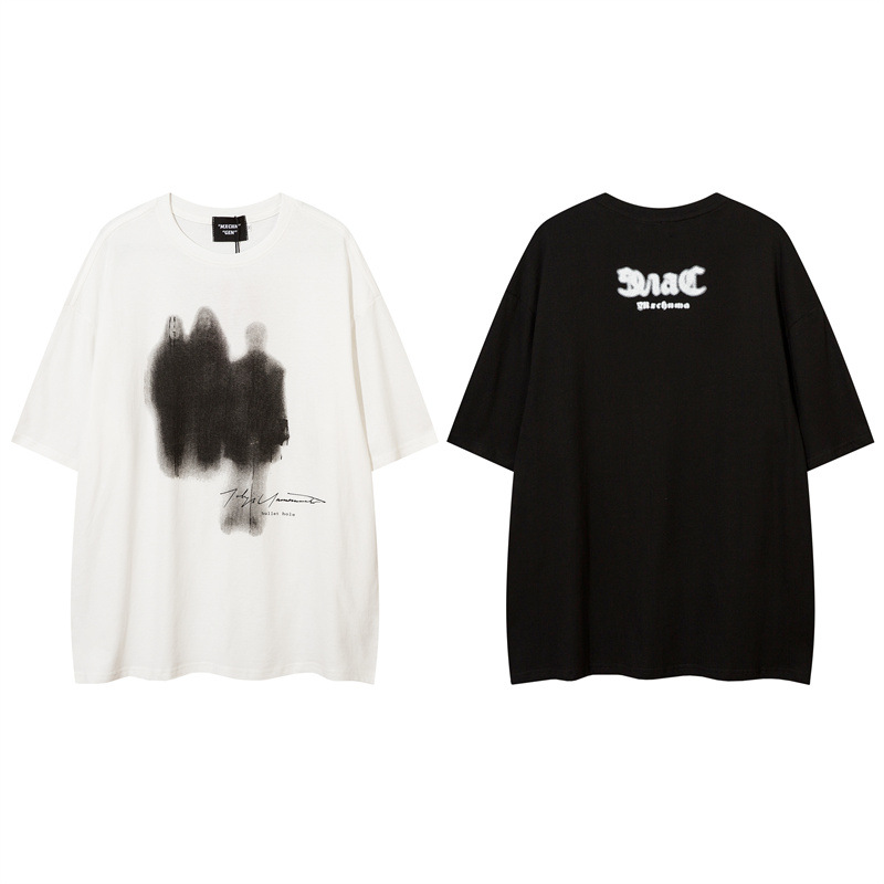 Dark Retro Trendy High Street Hip Hop Abstract Printing Short Sleeve