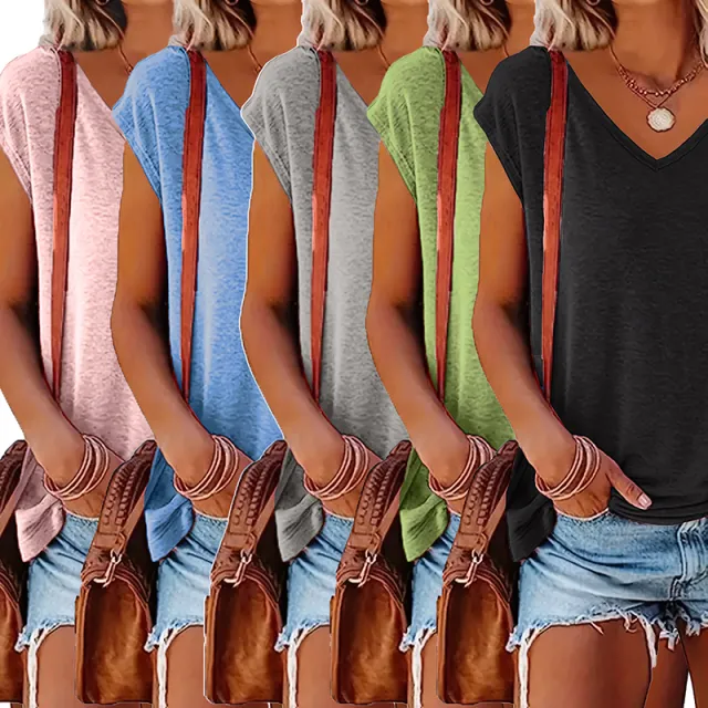 Women's 5 Pack V Neck Solid Color Short Sleeve T Shirts Basic Casual Summer Tees Pink Blue Gray Green Black - Shop at LoveMi