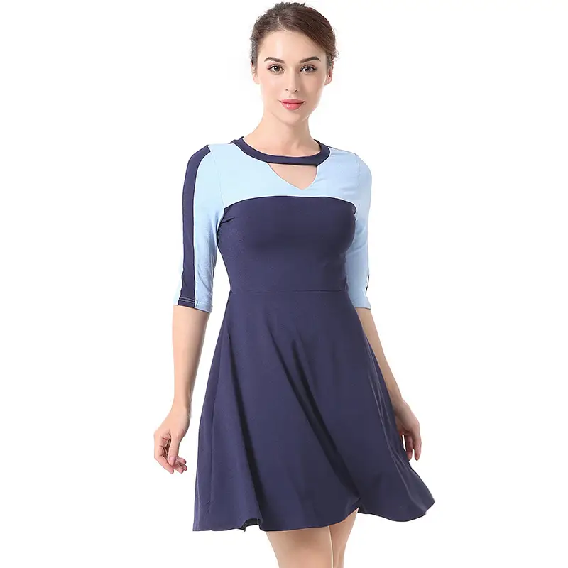 Women Round Neck Color Block Sleeve Dress
