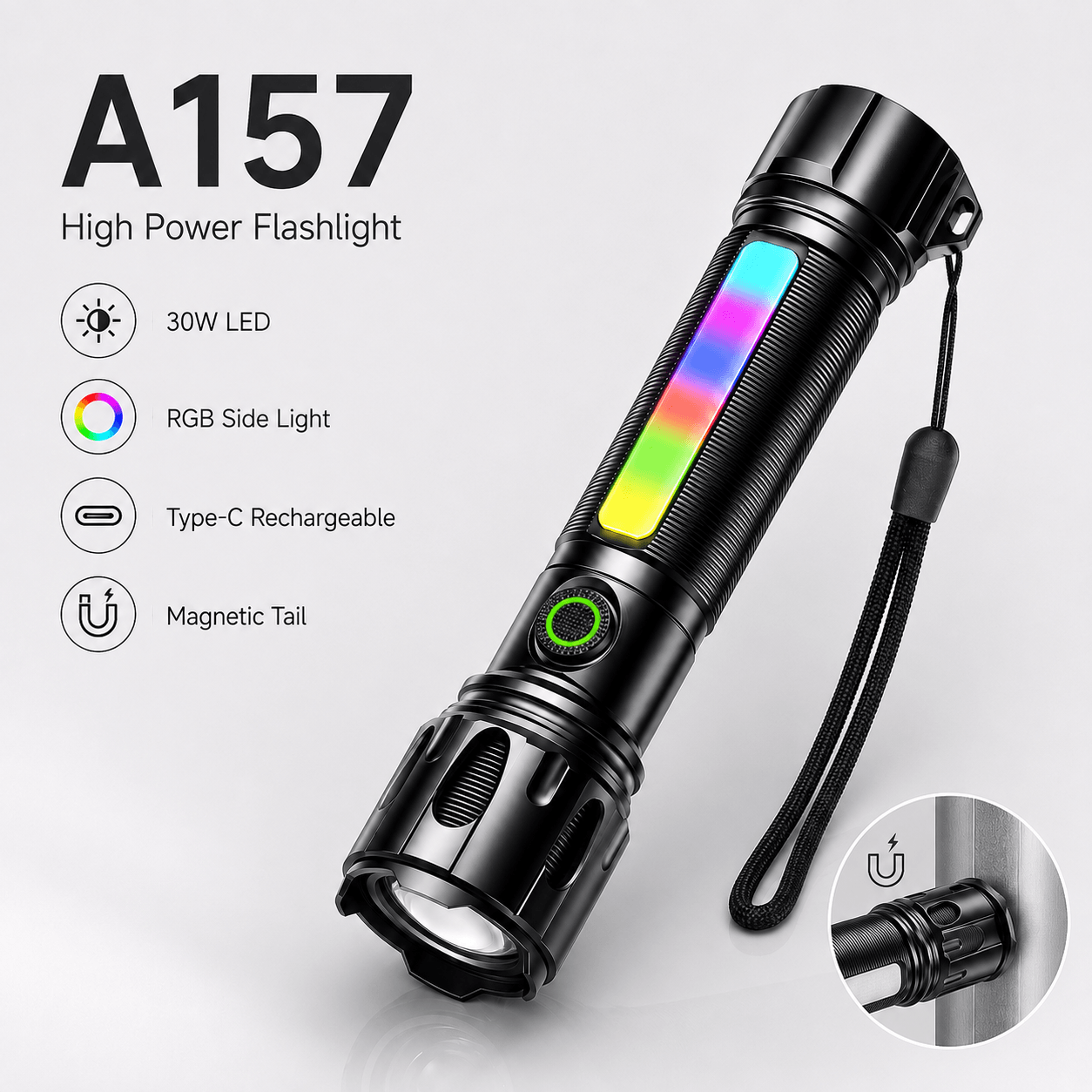 Rechargeable White Laser Magnetic Zoomable LED Flashlight A157 800LM For Camping Outdoor Emergency Portable Torch