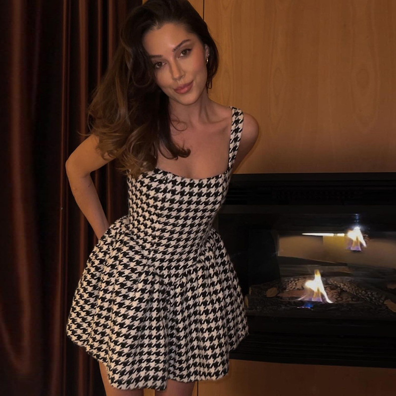 One Word Collar Backless Houndstooth Temperament Slim Dress
