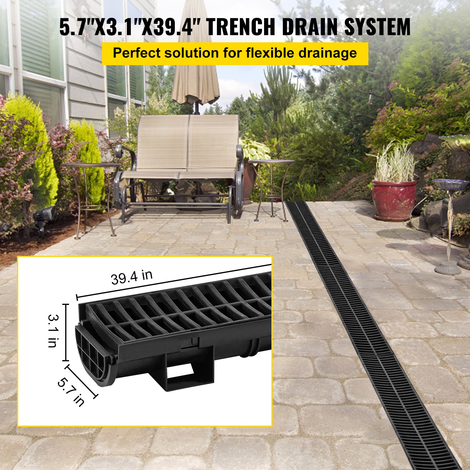 Trench Drain System, 5.7x3.1x39 Inch HDPE Drainage Trench,Channel Drain With Plastic Grate,... thumbnail 1