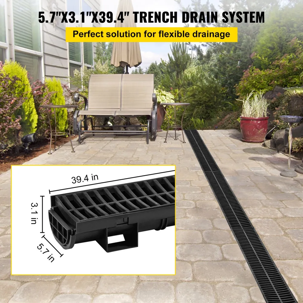 Trench Drain System, 5.7x3.1x39-Inch HDPE Drainage Trench,Channel Drain With Plastic Grate, Black Plastic Garage Floor Drain, 3x39 Trench Drain Grate, For Garden, Driveway-3 Pack