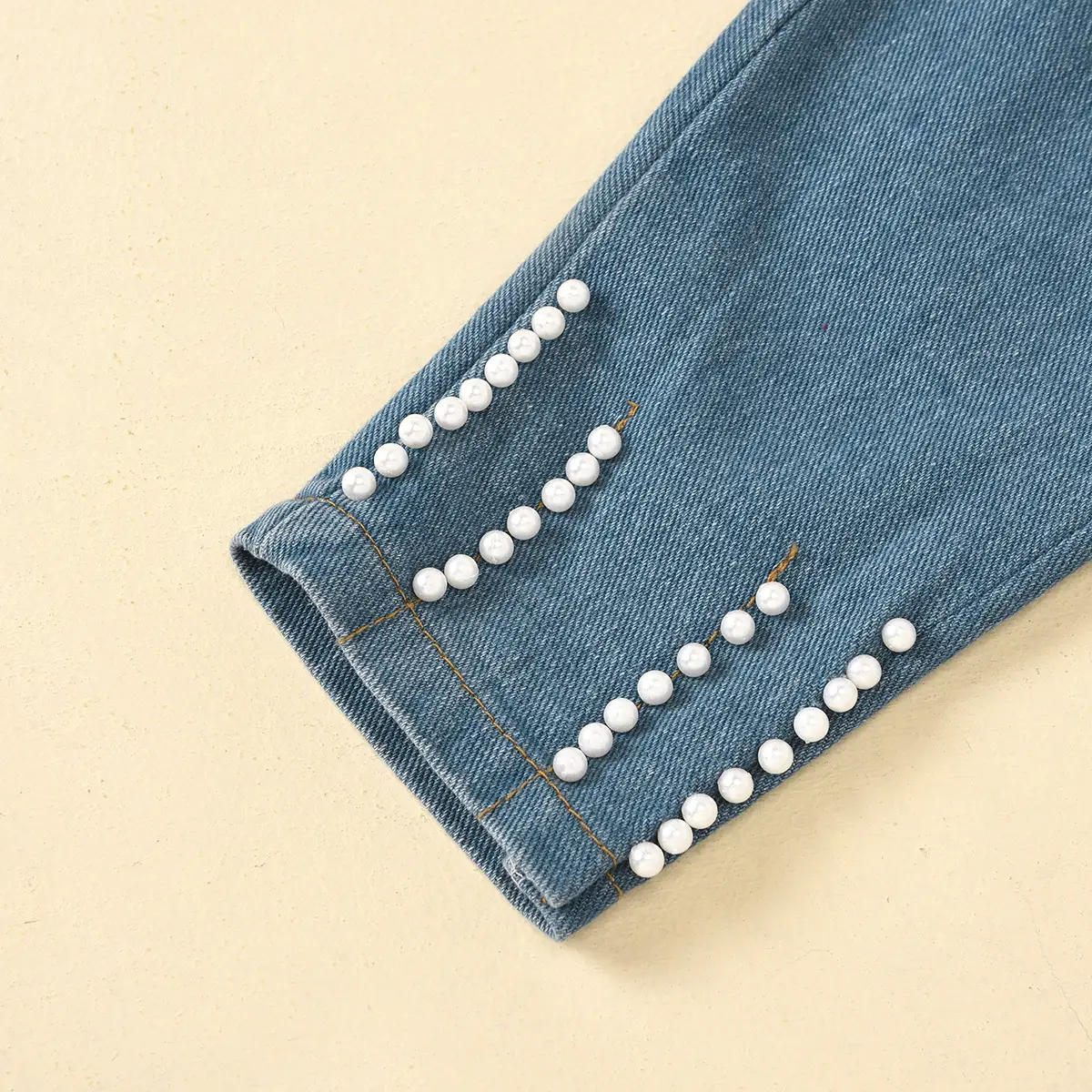 Lace Top And Beaded Pocket Jeans Suit