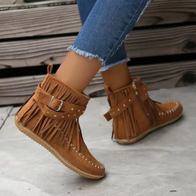 Retro Ankle Boots With Rivet Tassel Flat Shoes Women Winter Boots Brown - Shop at LoveMi